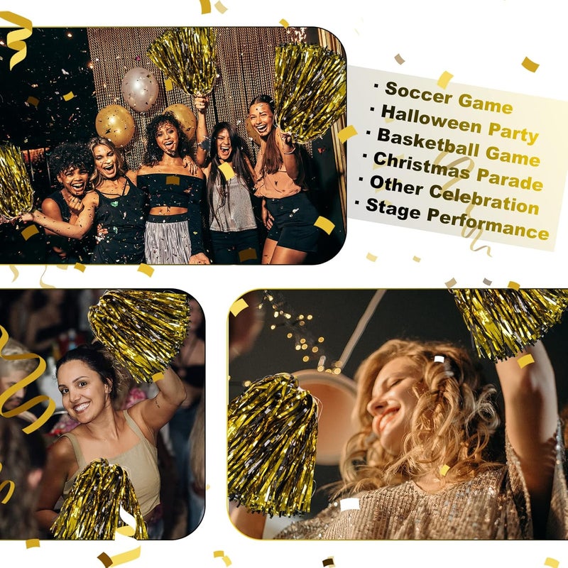 DILIBRA 24 Pcs Metallic Cheerleading Pom Poms for Kids, Cheerleaders Cheer Pom Poms with Baton Handle, Cheering Squad Hand Flower for Adults Team Spirit Sports Game Dancing Party - Image 5